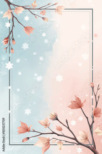A pastel-themed frame graphic with soft falling snow motifs on one half and blooming branches with new leaves on the other. Smooth blending and gentle textures reinforce a calm seasonal