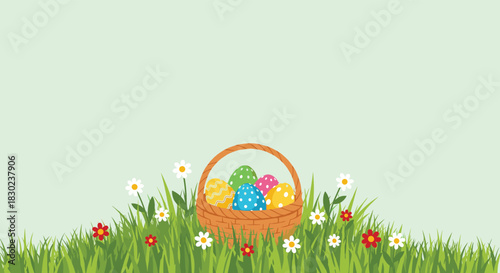 A charming illustration of a wicker basket filled with colorful patterned Easter eggs, sitting in fresh green grass with small flowers.