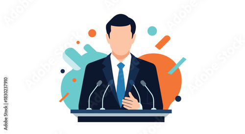 A confident male speaker in a formal suit addresses an audience from a podium with microphones, set against a vibrant abstract background.