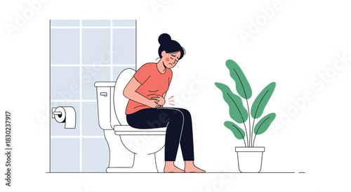 Young woman suffering from abdominal pain or an upset stomach, sitting on the toilet in a bathroom with a concerned expression.