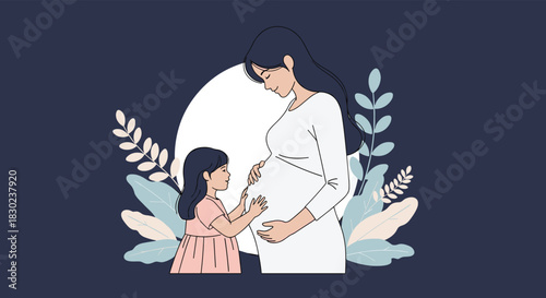 A loving young daughter gently touches her pregnant mother's belly, anticipating the arrival of a new sibling and celebrating family love.