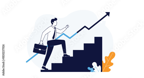 A businessman climbs a staircase alongside an upward trending graph, symbolizing career development and business growth.