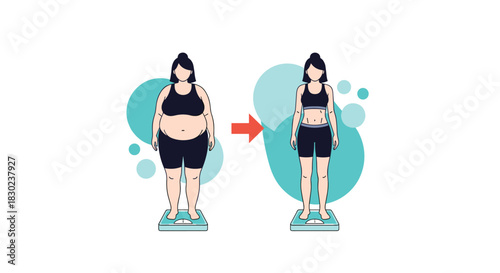A visual representation of a woman's inspiring weight loss journey, showcasing a significant body transformation from overweight to healthy and fit.