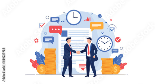 Professional businessmen shaking hands to finalize a successful deal, surrounded by icons representing finance, time, and agreement.