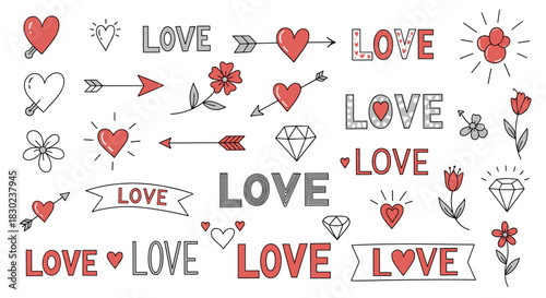 A collection of cute hand-drawn love and romance themed doodle illustrations, perfect for Valentine's Day designs and wedding invitations.