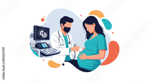 A pregnant woman receives an ultrasound scan from a doctor, with the fetal image displayed on the monitor, highlighting prenatal care.
