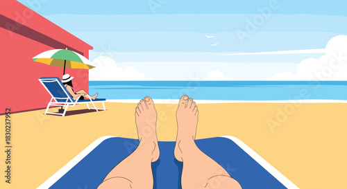 A first-person perspective of bare feet resting on a lounge chair, overlooking the tranquil ocean and sandy beach under a bright summer sky.