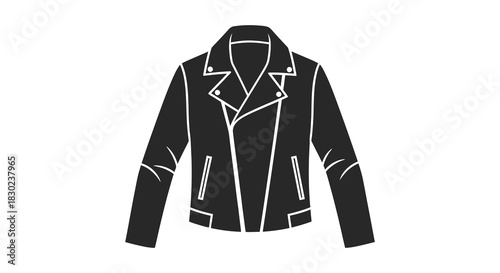 A striking black leather jacket design presented in a minimalist graphic style silhouette