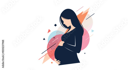 Elegant vector illustration of a pregnant woman tenderly holding her baby bump, against a vibrant background of colorful abstract geometric shapes.