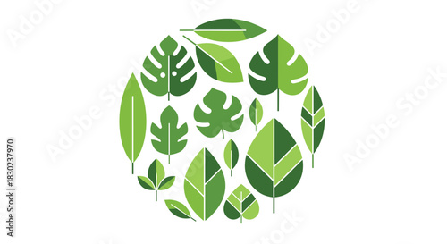 A circular arrangement of diverse green leaves and foliage, symbolizing nature, growth, and environmental sustainability.