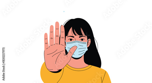 A young woman with black hair and a light blue medical face mask holds her hand up in a clear \.