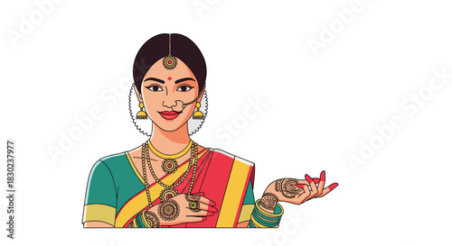 Illustrative portrait of a charming South Asian woman in traditional Indian attire, adorned with jewelry and mehndi, making a welcoming gesture.