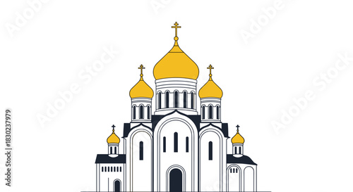 Flat vector illustration of a traditional Eastern Orthodox Christian church with multiple golden onion domes topped with crosses.