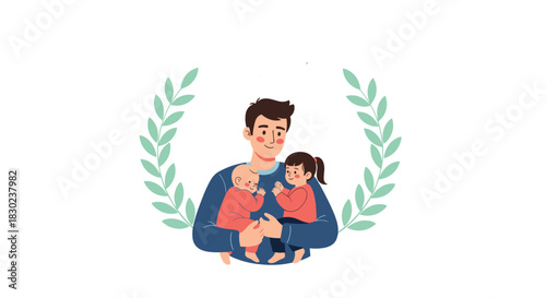 Happy father cradling his infant and toddler daughter, surrounded by a celebratory leaf wreath, symbolizing love and family.