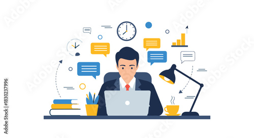 A professional businessman works diligently on a laptop, surrounded by icons representing communication, productivity, and business growth.