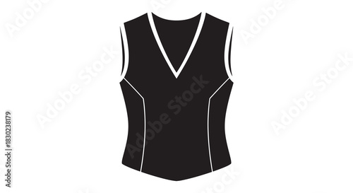 A minimalist illustration of a black sleeveless top with white trim a striking silhouette