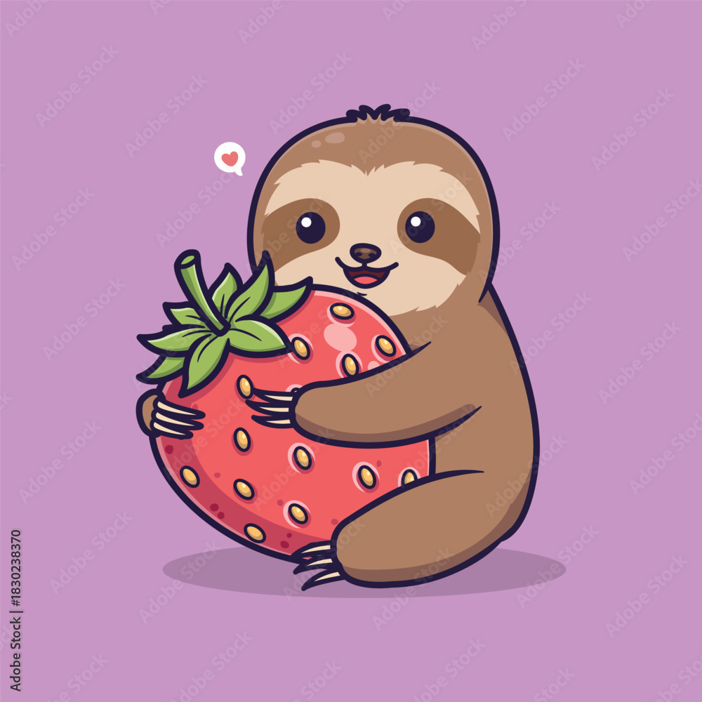 Naklejka premium Cute Vector Illustration of a Happy Sloth Hugging Strawberry with Pink Heart on Light Purple Background