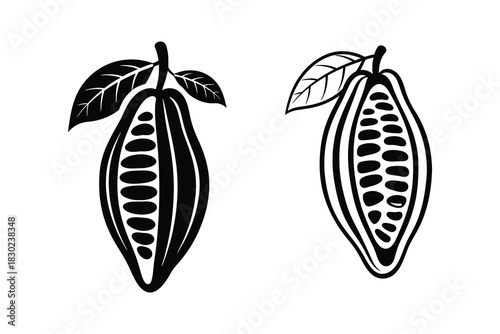 Monochrome vector icon set of cocoa pods with beans concept art