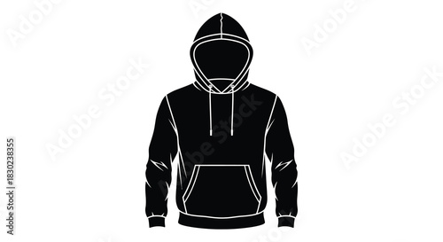 A stark black hooded sweatshirt design emphasizing form and anonymous style silhouette