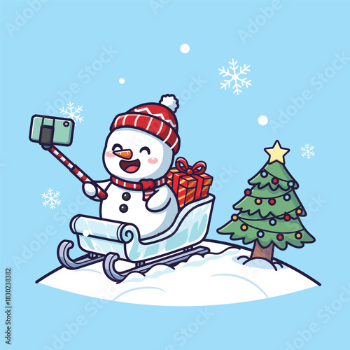 Cute Vector Illustration of a Snowman Taking Selfie in Sleigh with Gift and Christmas Tree on Snowy Hill