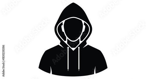 A stark black hooded figure facing forward a minimalist representation in silhouette