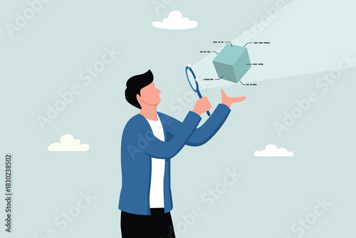 Marketing research, analyzing product prototypes or competitors, studying or looking for strong and weak concepts, entrepreneurs use magnifying glasses to analyze floating cubes.