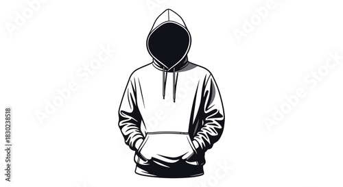 A striking black and white illustration of a hooded figure in a casual pose silhouette