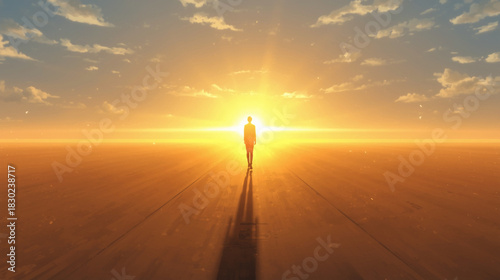 A wide anime shot of a person walking toward a bright horizon, long shadows behind them. Warm golden tones dominate the sky as soft blues transition upward. Composition uses strong