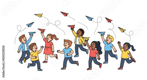Joyful multiracial kids running and throwing paper planes, illustrating childhood friendship and fun