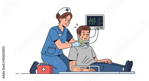 Dedicated nurse providing immediate medical assistance and first aid to an injured patient on a stretcher, highlighting essential healthcare and emergency response