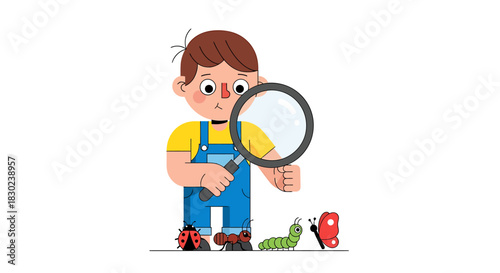 Curious young boy with a magnifying glass observes tiny insects, including a ladybug, caterpillar, and butterfly, illustrating childhood wonder and early scientific discovery