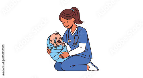 A compassionate female nurse in blue medical scrubs gently comforts a crying newborn baby wrapped in a blanket, providing dedicated care and support in a nurturing healthcare environment