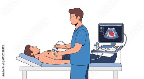 Cardiology specialist conducting an echocardiography procedure on a male patient to monitor heart health, utilizing advanced ultrasound technology for diagnostic imaging