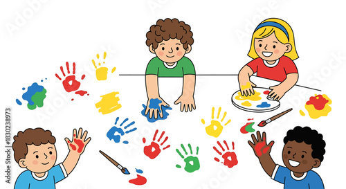 Children playing with colorful handprints and paints creating art together childhood, creativity