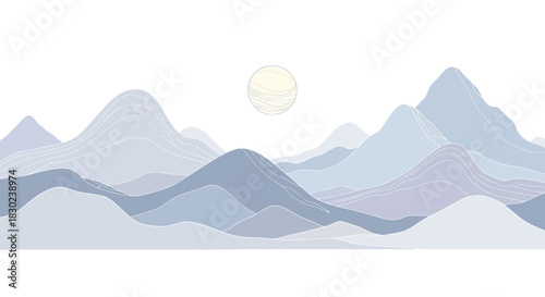Serene abstract landscape illustration featuring layered undulating mountains in muted blue, grey, and purple tones under a soft celestial body, evoking tranquility and natural beauty