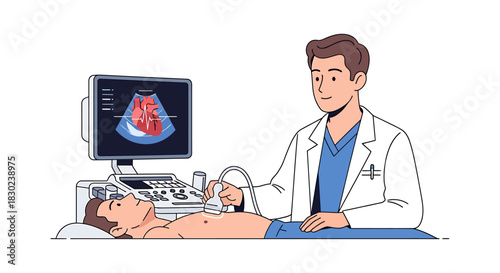 Doctor performing ultrasound on patient for medical diagnosis illustration