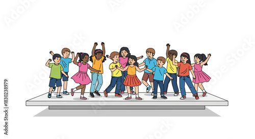 Diverse group of energetic children performing together on a brightly lit stage, celebrating unity and joy