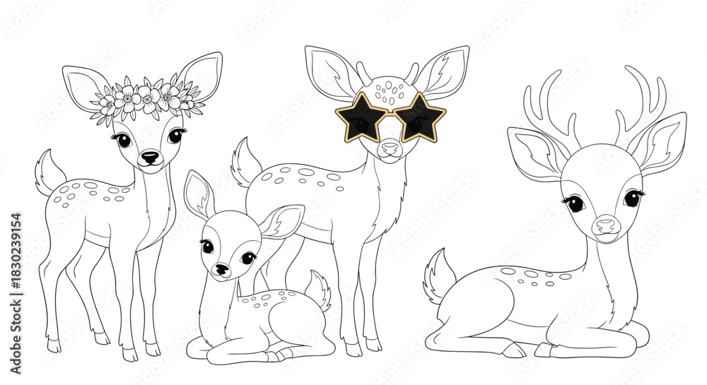 Naklejka premium A collection of cute cartoon deer illustrations for a whimsical forest theme.