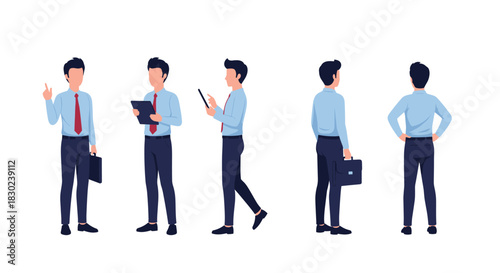 Collection of businessman illustrations in various poses and views on a white background.