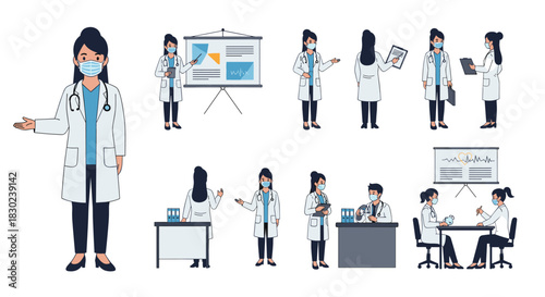 Diverse medical professionals in lab coats and face masks engage in various healthcare activities.
