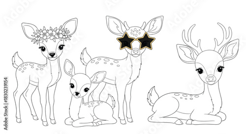 A collection of cute cartoon deer illustrations for a whimsical forest theme.