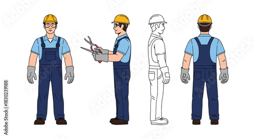 Four views of a male construction worker in overalls and hard hat, holding wire cutters.