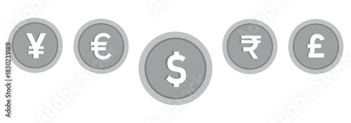 Set of currency symbols dollar, euro, pound, yen, won, rupee, franc, bitcoin, lira, ruble icon vector. Popular international currency sign isolated on transparent background. Vector illustration