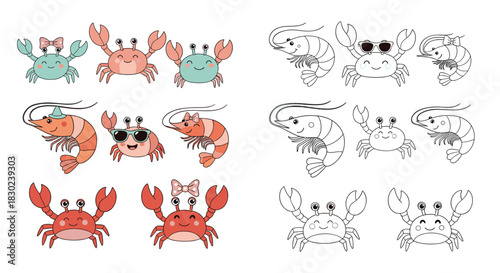 Cute cartoon sea creatures including crabs and shrimp, in color and black and white line art.