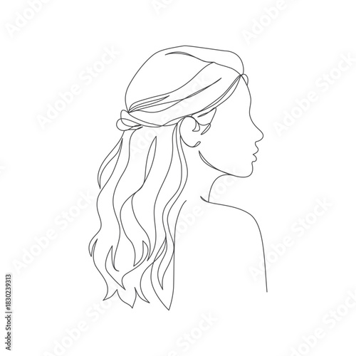 Continous line art woman side face  long wavy hair partially tucked behind ear