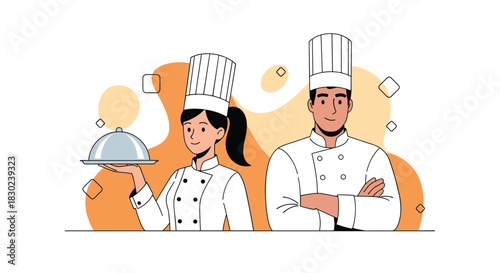 Two chefs in uniform standing with a covered dish and crossed arms.