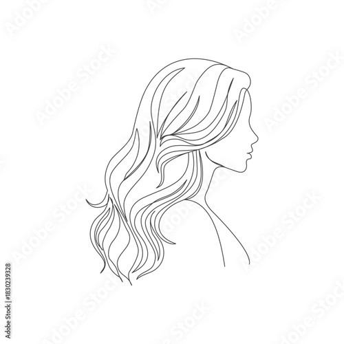 Continous line art woman side view, long ripple waves