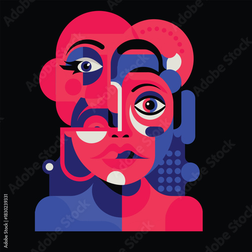 Vibrant Abstract Cubist Faces Illustration Art