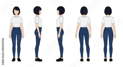 A young woman displayed from multiple angles, showcasing a casual outfit of a white t-shirt and blue jeans.