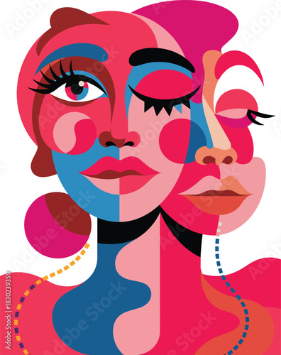 Vibrant Abstract Cubist Faces Illustration Art